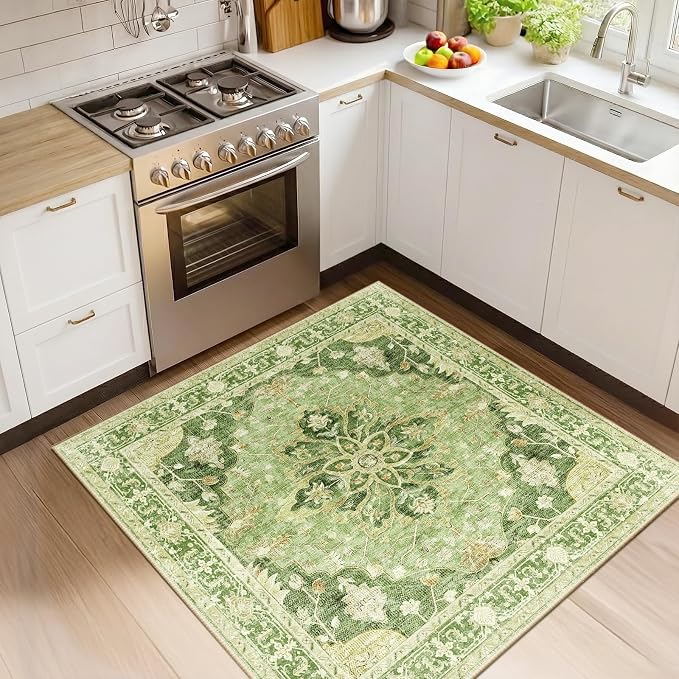 RELEANY Area Rugs Square 4ft Washable Non-Slip, Floral Vintage Distress by RELEANY