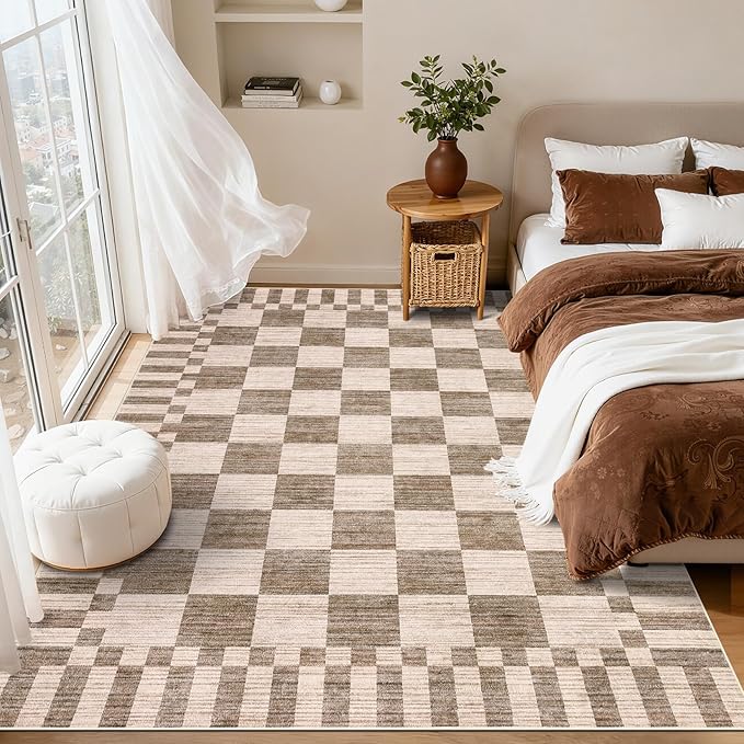 GarveeHome Brown Checkered Rug, Washable 3x5 Rug Geometric Tan Brown Print Non - Image 3