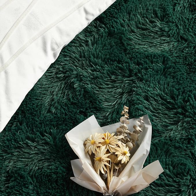 FlyDOIT Large Area Rugs for Living Room, 5x8 Feet Deep-Green Shaggy Rug Fluffy - Image 5