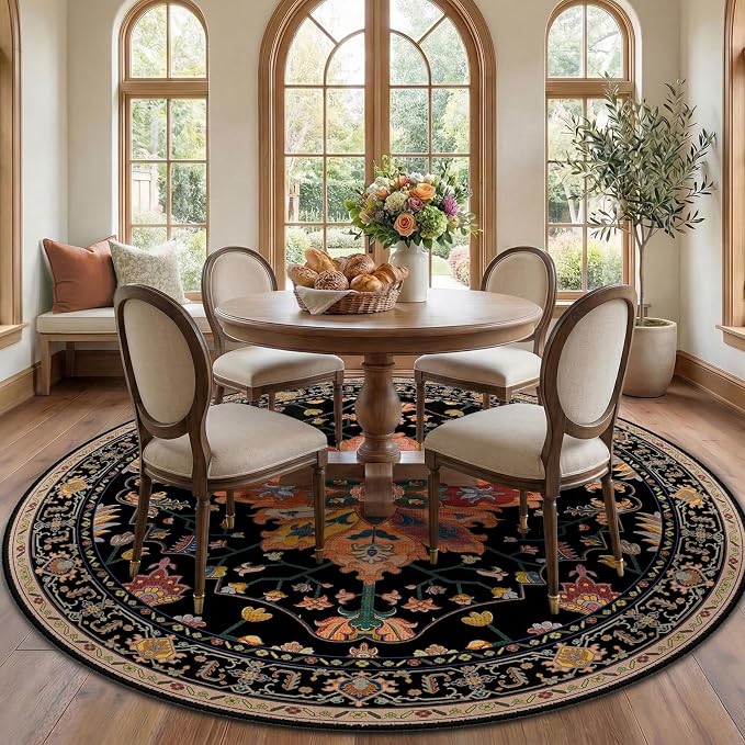 RELEANY Area Rugs Round 7ft Washable Non-Slip, Floral Vintage Distress by RELEANY