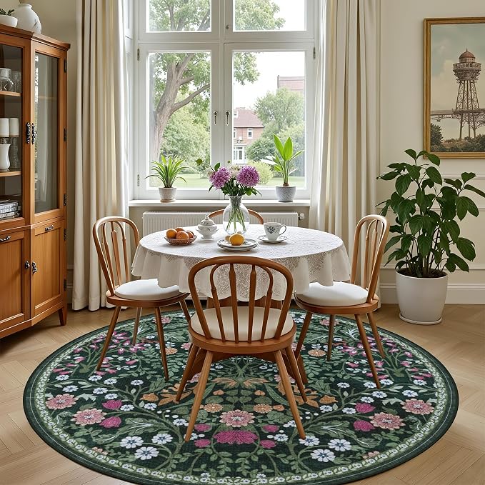 Round Area Rug for Living Room: 6 ft Floral Washable Circle Rug Soft Boho - Image 4