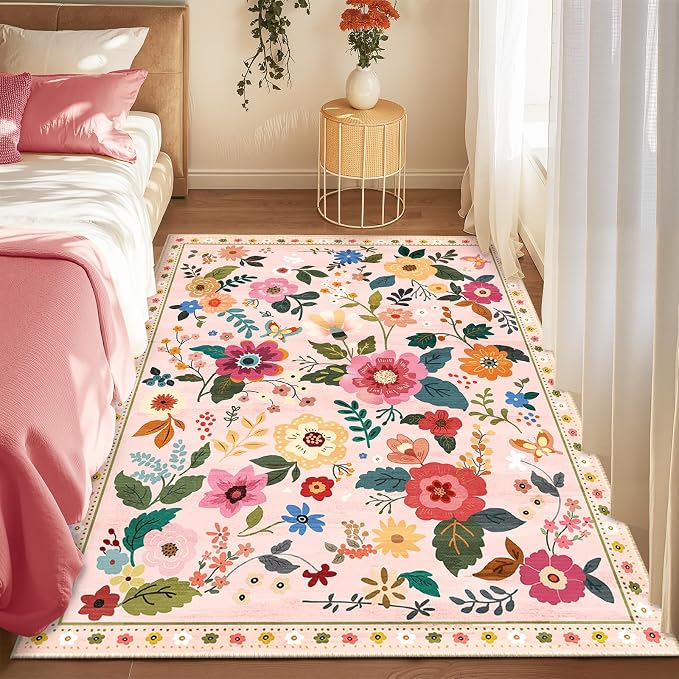 RELEANY Floral 3x5 Area Rugs Washable Print Boho Cute Carpet Non Slip Flower by RELEANY