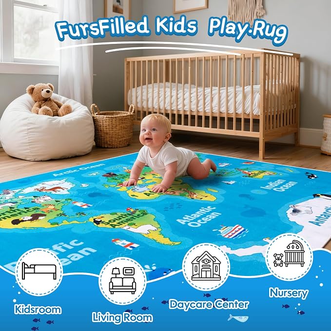 Kids Playroom Rug, 4x5ft World Map Play Mat - Image 3