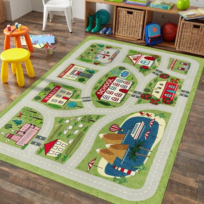 LIVEBOX Green Kids Playroom Rug, Non-Slip Soft Car Rugs Play Mat - Image 6