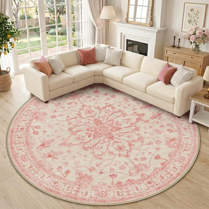RELEANY Area Rugs Round 10ft Washable Non-Slip, Floral Vintage Distress by RELEANY