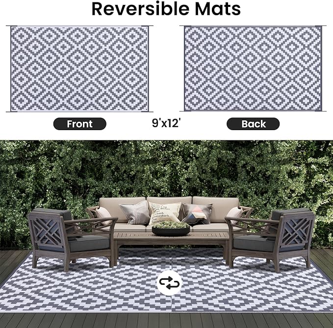Smiry Waterproof Outdoor Rug 9x12 ft, Reversible Plastic Straw Patio Camping - Image 3