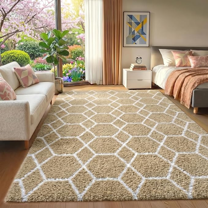 ONASAR Area Rugs for Bedroom Living Room, 4x6 Fluffy Beige and White Throw Rug by ONASAR