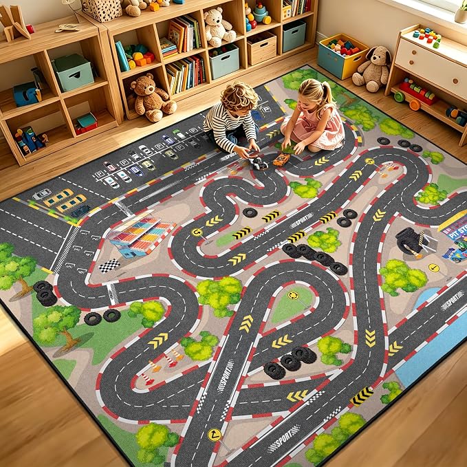 Kids Car Rug Play Mat, 8x10 ft Race Track Road Rug by GRAMBET