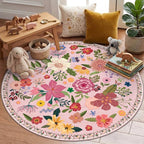 Latte&Fog Pink Floral Circle Area Rug, 4ft Round Cute Area Rug, Low Pile Non by LatteFog