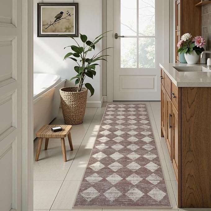 Checkered Runner Rug 2x8 Beige, Hallway Kitchen Bathroom Non Slip Washable - Image 3