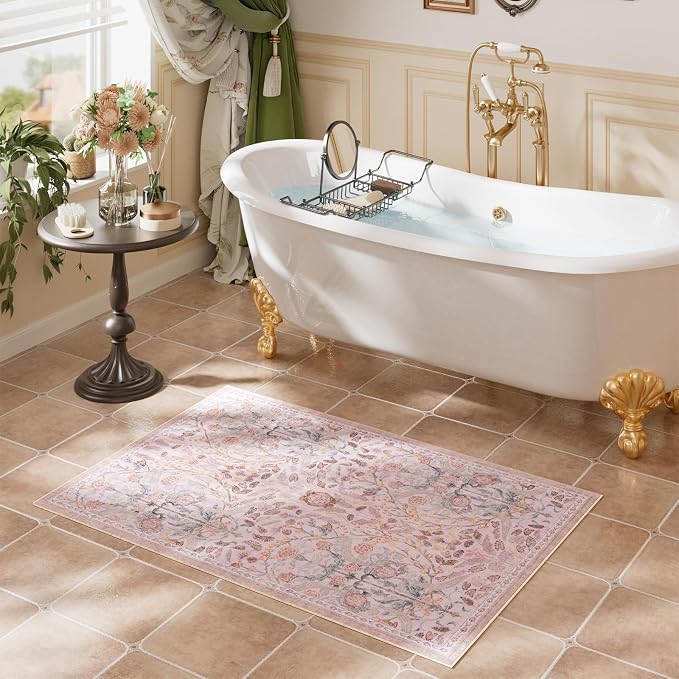 AMTOVO 2x3 Washable Entryway Area Rug Door Mat, Vintage Boho Floral Distressed - Image 3