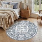 8ft Round Area Rug: Washable Vintage Neutral Soft Non Slip Thin Large Floor - Image 2