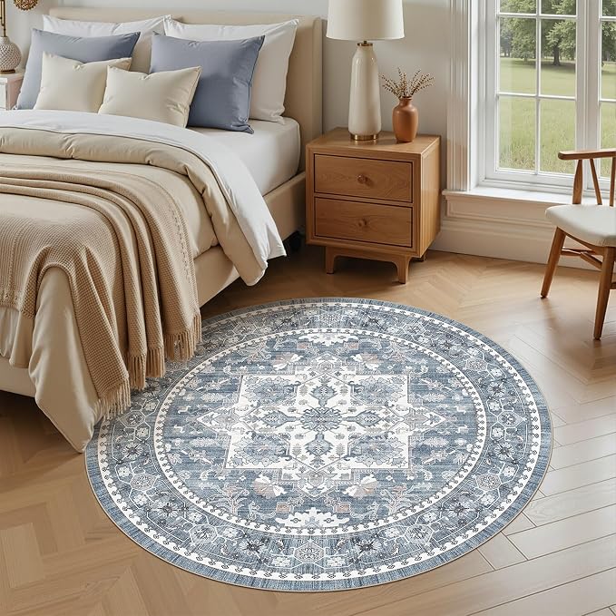 6ft Round Area Rug: Washable Vintage Neutral Soft Non Slip Thin Large Floor - Image 2