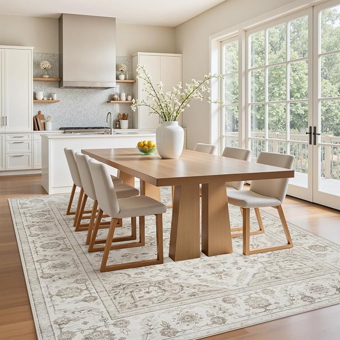 5x7 Area Rugs for Living Room:Beige Washable Vintage Medallion Carpet Non-Slip - Image 4