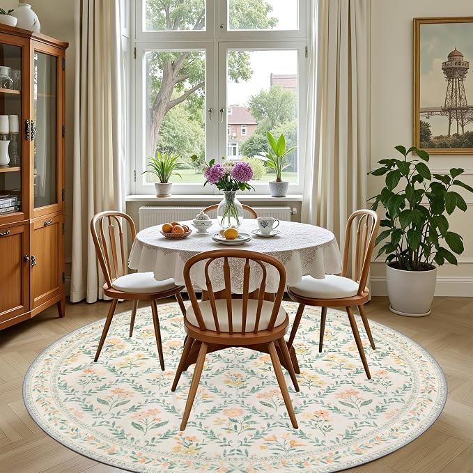 Round Area Rug for Living Room: 4 ft Floral Washable Circle Rug Soft Non-Slip - Image 4