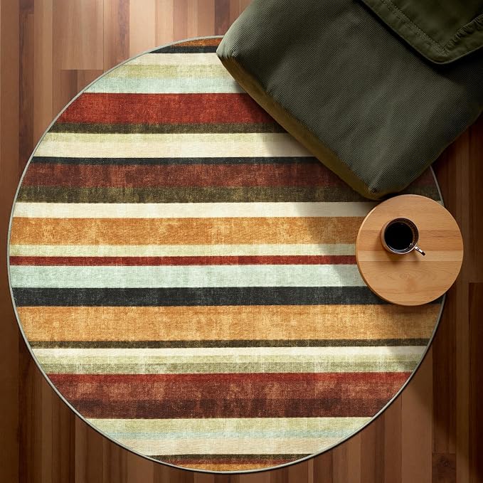 jinchan Round Rug 5ft Modern Striped Rug Washable Rug Soft Large Indoor Floor - Image 8