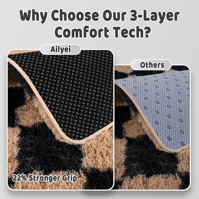 Shag Rugs for Living Room 9x12, Ultra Soft Checkered Black Beige Big Fuzzy Rugs - Image 6
