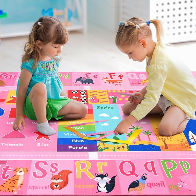 Pink Kids Rug for Playroom Classroom, ABC Alphabet Numbers Play Toddlers Rugs - Image 5