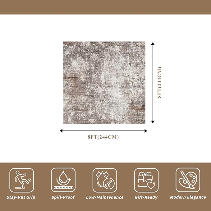 8x8 Square Living Room Area Rug – Washable Modern Neutral Abstract Indoor Rug - Image 2