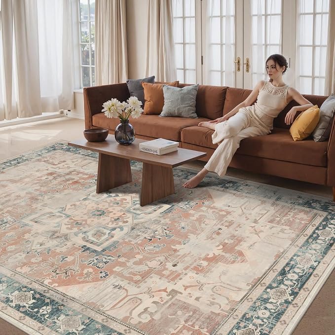 Rugxara 8X10 Orange Boho Rug, Large Washable Area Rugs - Image 4