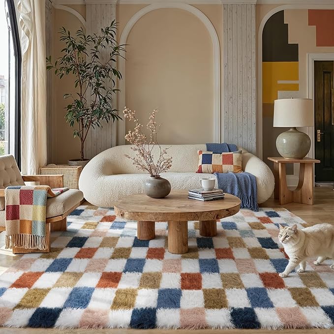 PureCozy Checkered Rug 8x10 for Living Room, Modern Rainbow Shag Rug Washable - Image 4