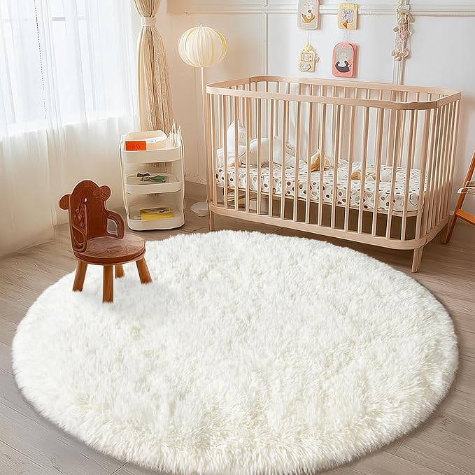 Round White Rug for Bedroom, 4 ft Circle Area Rugs for Living Room, Soft Fluffy - Image 3