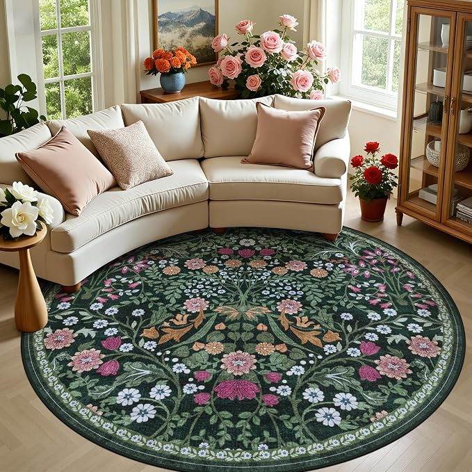 Round Area Rug for Living Room: 8 ft Floral Washable Circle Rug Soft Boho by PLHXFRSoftAreaRugs