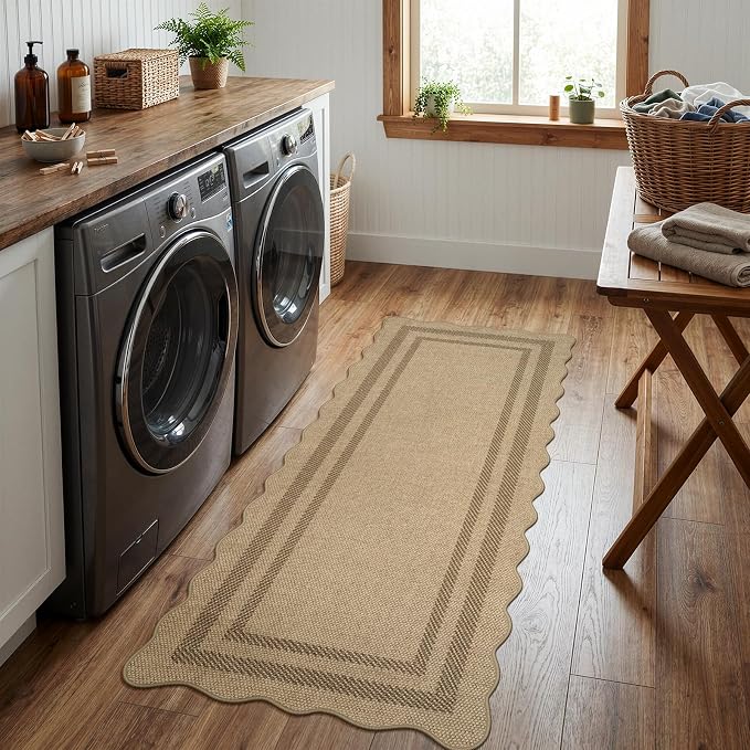 LIVEBOX Scalloped Easy Jute 2x5 Runner Kitchen Rug, Washable Non Slip Tan Rugs - Image 3