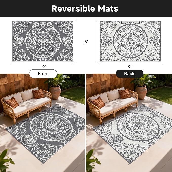 Pauwer Waterproof Outdoor Rug 6x9, Reversible Plastic Straw Patio Camping Rug - Image 2