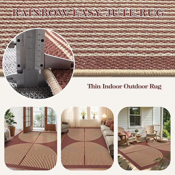 Lahome Enfys Modern Rainbow Easy Jute Outdoor Rug 5x7, Stain Resistant Red - Image 3