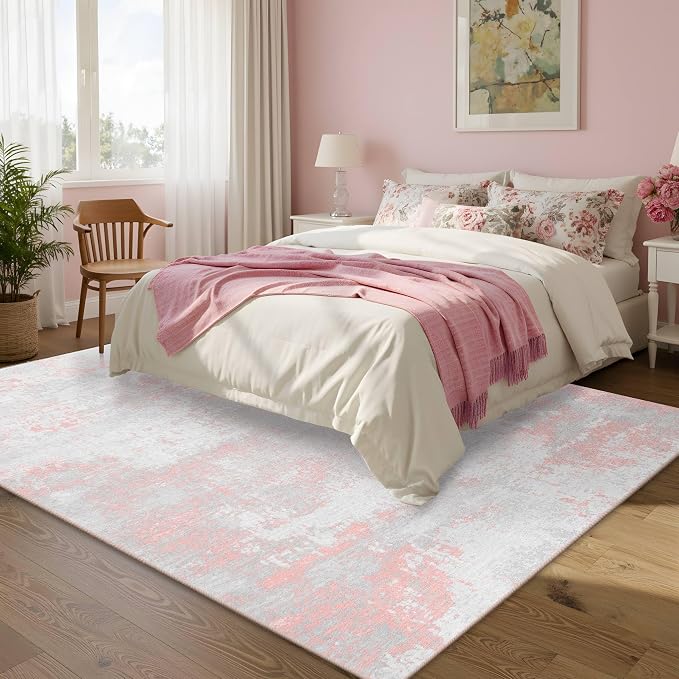 Latte&Fog Pink Area Rugs, Modern Abstract 5x7 Washable Rugs - Image 3
