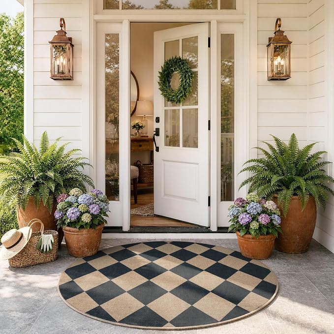 Lahome Colette Checkered Round Entryway Rug 4ft, Circle Indoor Outdoor Patio - Image 4