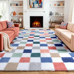 KICMOR Rugs for Living Room, 5x7 Fluffy Soft Colorful Checkered Shag Area Rug by KICMOR