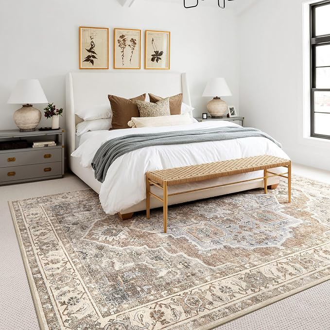 8x10 Washable Area Rug: Vintage Neutral Soft Non Slip Thin Large Floor Carpet - Image 4