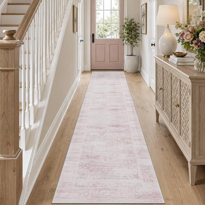 Latte&Fog Pink Washable Hallway Runner Rug 2x10, Non Slip Low Pile Soft Rugs - Image 2