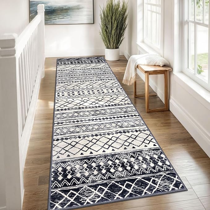 KUTA Moroccan Kitchen Rugs 3x8, Non-Slip Vintage Black Navy Blue Boho Hallway - Image 3