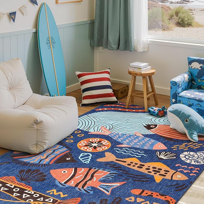 jinchan 5x7 Coastal Area Rug Kids Washable Fun Rug Colorful Ocean Fish Indoor - Image 9