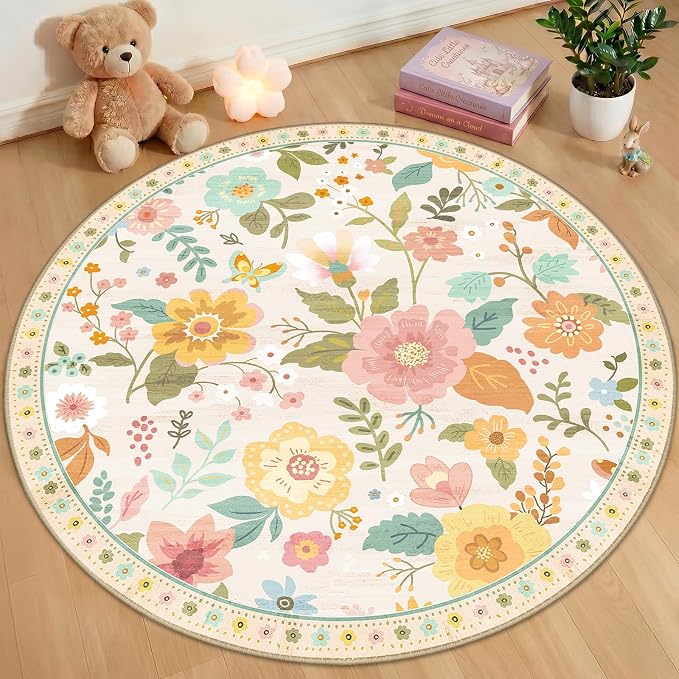 RELEANY Floral 4ft Area Rugs Washable Print Boho Cute Carpet Non Slip Flower by RELEANY