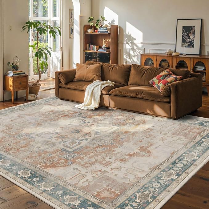 Rugxara 8X10 Orange Boho Rug, Large Washable Area Rugs by Rugxara