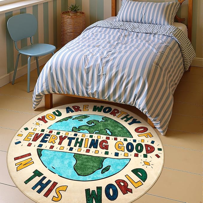 JINCHAN 4ft Round Rug Washable Fun Rug You Are Worthy Playroom Mat Non Slip - Image 2