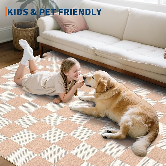 GarveeHome Checkered Blush Beige Neutral Nursery Kids Playroom 5x7 Washable Rug - Image 4