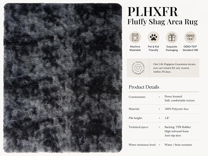 Area Rug for Living Room Bedroom: 5x7 Black Grey Soft Fluffy Shag Upgrade - Image 4