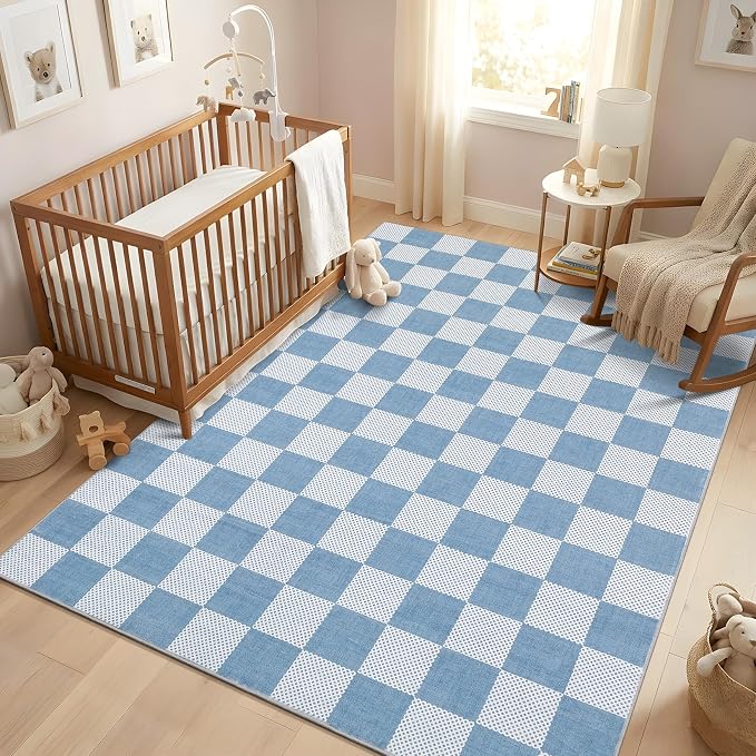 GarveeHome Checkered Light Blue and White 4x6 Washable Rug Geometric Diamond - Image 2