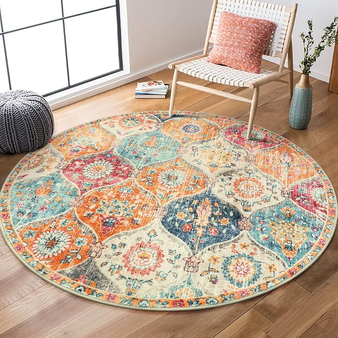 Lahome Moroccan Washable Circle Rug, Soft Vintage Round Rug 4ft, Distress Round by Lahome