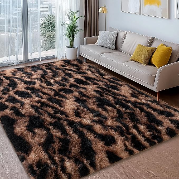Shag Rugs for Living Room 5x7, Ultra Soft Tie-Dyed Brown Leopard Big Fuzzy Rugs - Image 6
