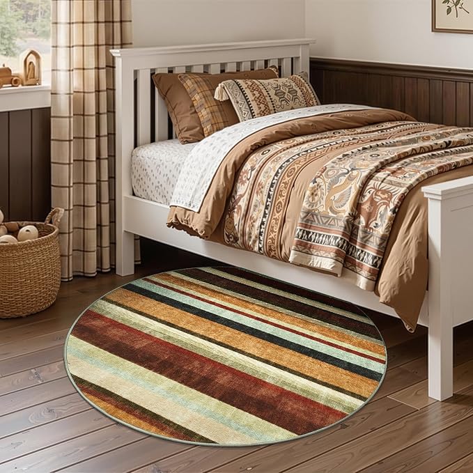 jinchan Round Rug 5ft Modern Striped Rug Washable Rug Soft Large Indoor Floor - Image 9