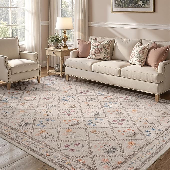 DCX Washable 6x9 Rose Biege Floral Rug by DCXWashableRug