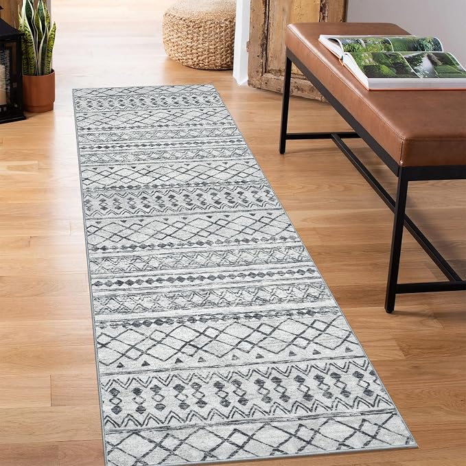 KUTA Boho Washable Runner Rug 2x5 ft Grey Moroccan Washable Runners by KUTA