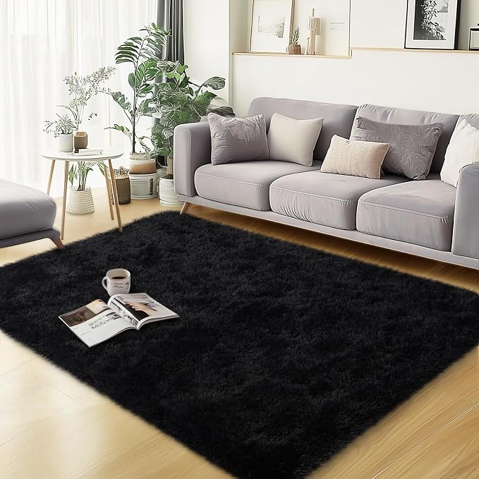 qulint 3x5 Rug for Bedroom, Fluffy Soft Black Rug for Living Room, Fuzzy Plush by QULINT