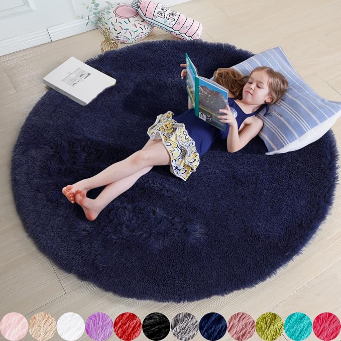 Dark Navy Round Rug 6Ft for Living Room Boys Bedroom, Fluffy Furry Fuzzy Plush by Amdrebio